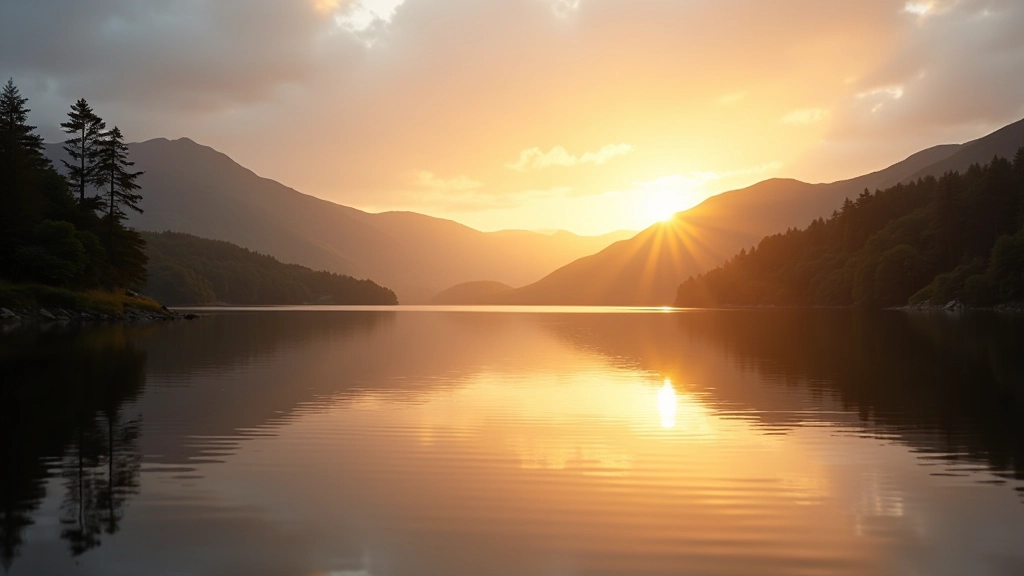 Scenic Irish lake at golden hour with calm water and green shores