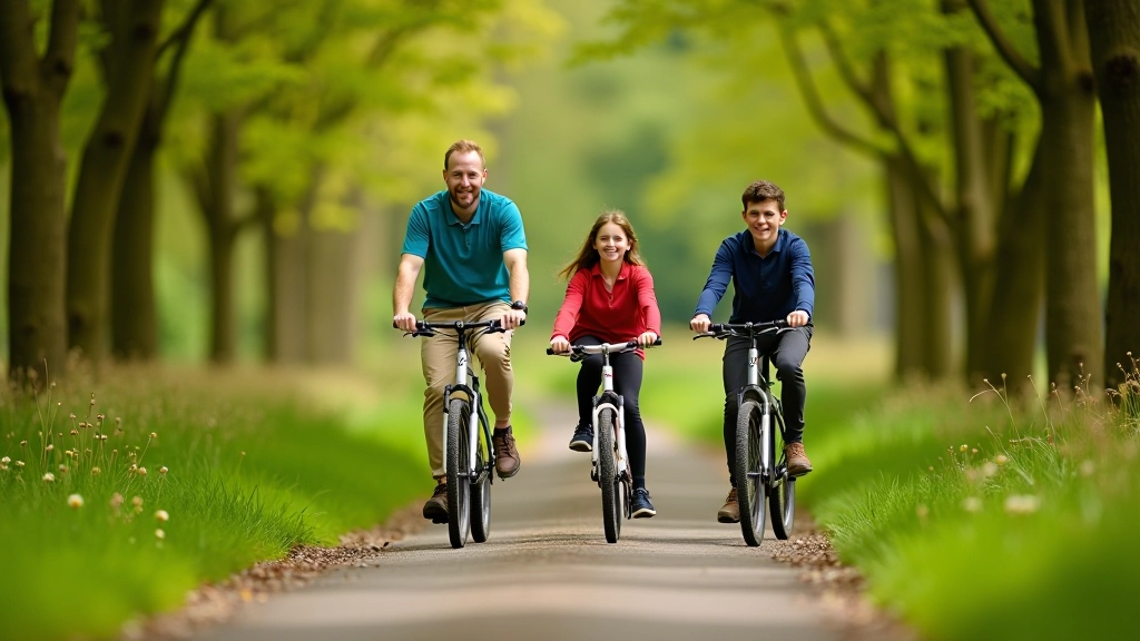 Family cycling on forest path, children on bikes with parents, recreational cycling route