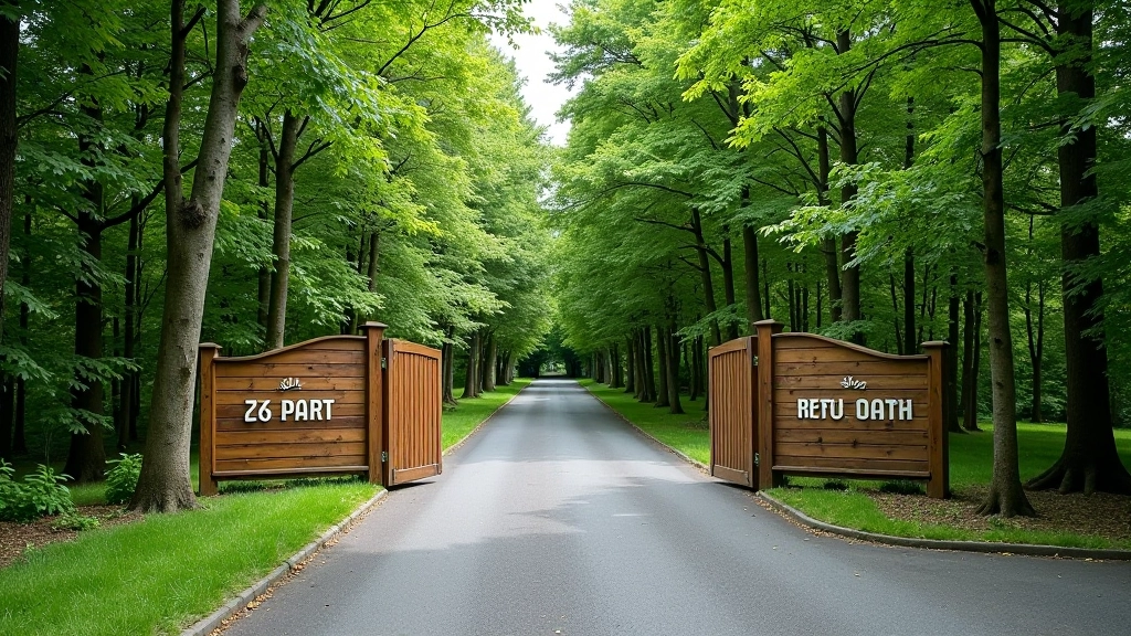 Coillte forest park entrance with visitor facilities, picnic area surrounded by mature trees, sunny day