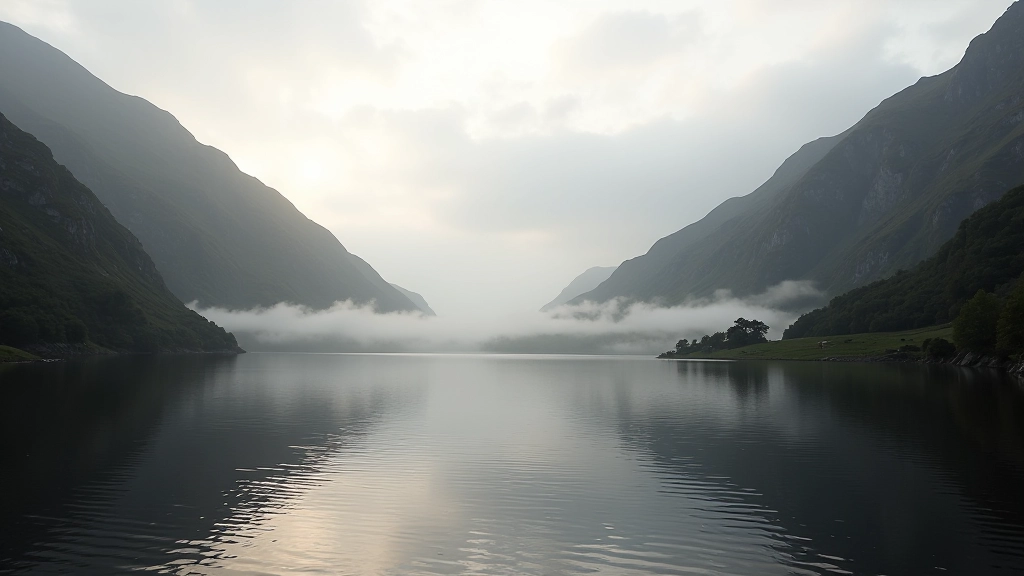 Mountain lake surrounded by steep green slopes, morning mist over water, golden light on distant peaks