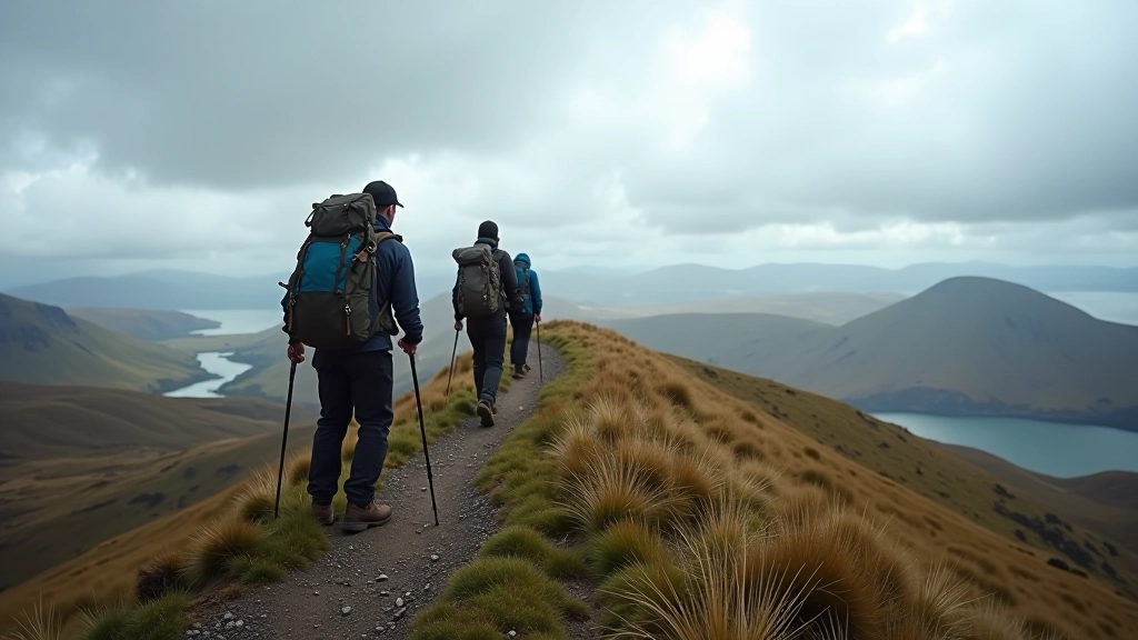 Mountain hikers on Connemara ridgeline with distant valleys and moorland visible below
