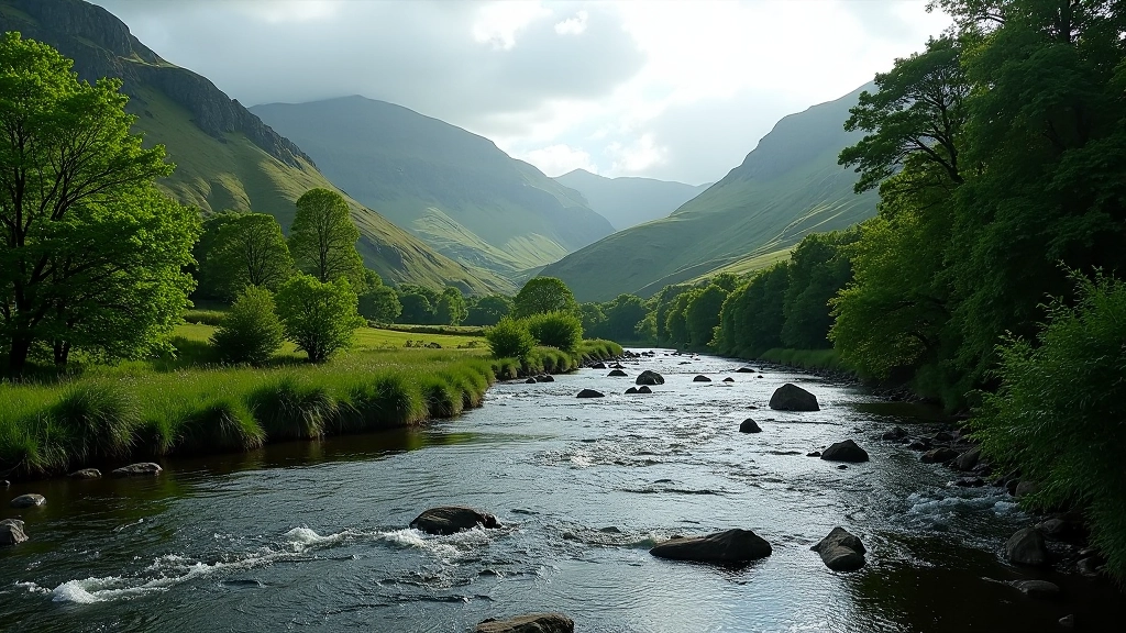 River flowing through scenic valley with green hills, water activity area