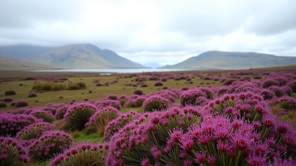 Wide moorland landscape with purple heather, sparse vegetation, and distant mountains under cloudy sky