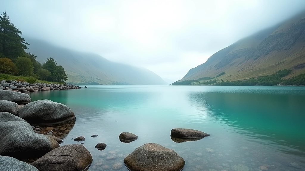 Turquoise lake surrounded by rocky shoreline and mountain backdrop in misty conditions