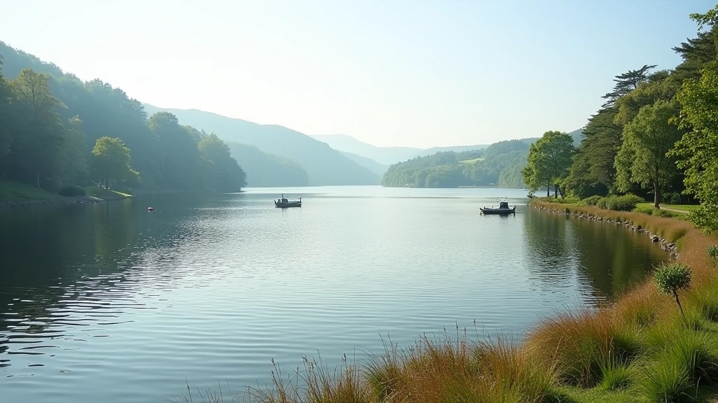 Wide lake with wooded shoreline, small boats on water, rural Irish landscape, afternoon sunlight
