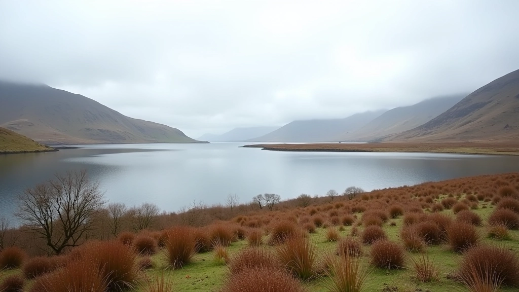 Large lake surrounded by distant mountains, open landscape with minimal trees, overcast Irish sky