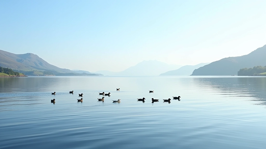 Large expansive lake with flat water surface, waterfowl visible, wide open landscape under bright sky