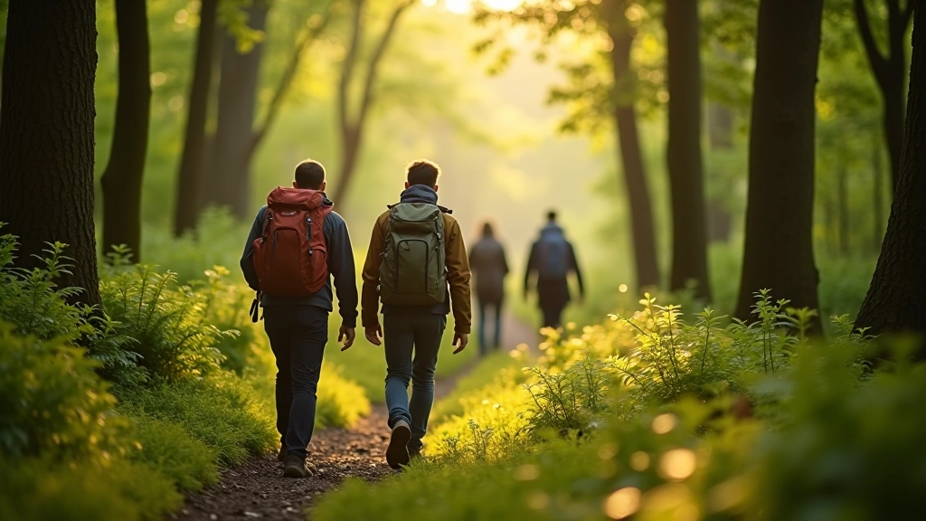People hiking through Irish forest with natural canopy overhead