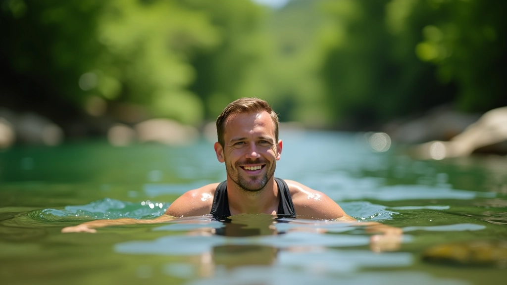 Person swimming in river pool surrounded by trees and rocks, clear water visible, natural swimming location