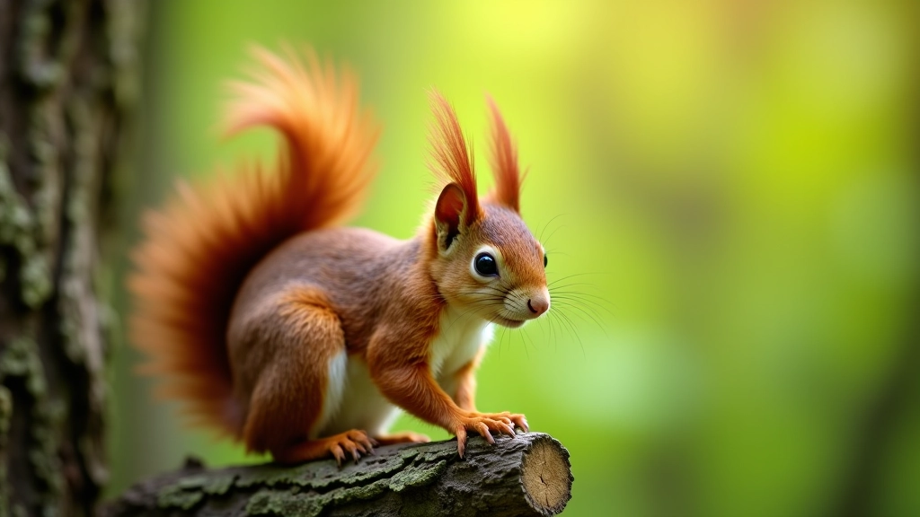 Red squirrel on tree branch in forest, woodland habitat with green background