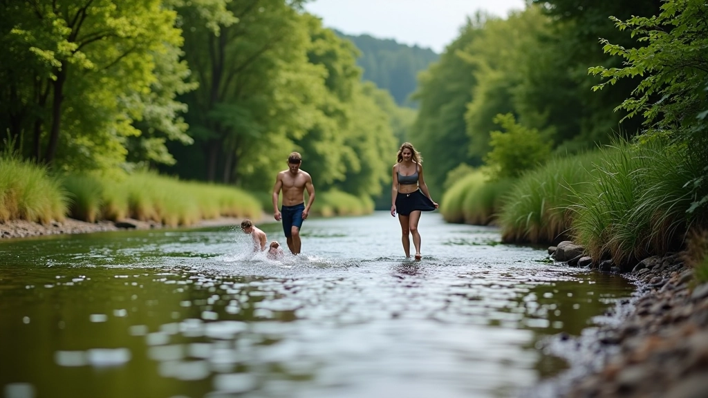 Riverside scene showing swimming and walking areas together, people in different activities, natural setting