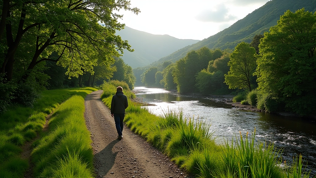 Walking path alongside river with green hills and forest, scenic natural trail, person walking in distance