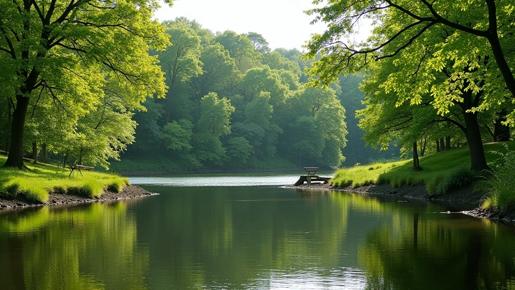 Smaller lake surrounded by deciduous trees, grassy bank suitable for picnicking, calm water surface