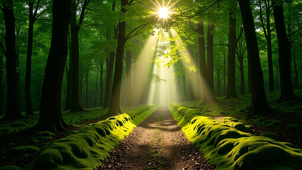 Dense green forest canopy with walking trail