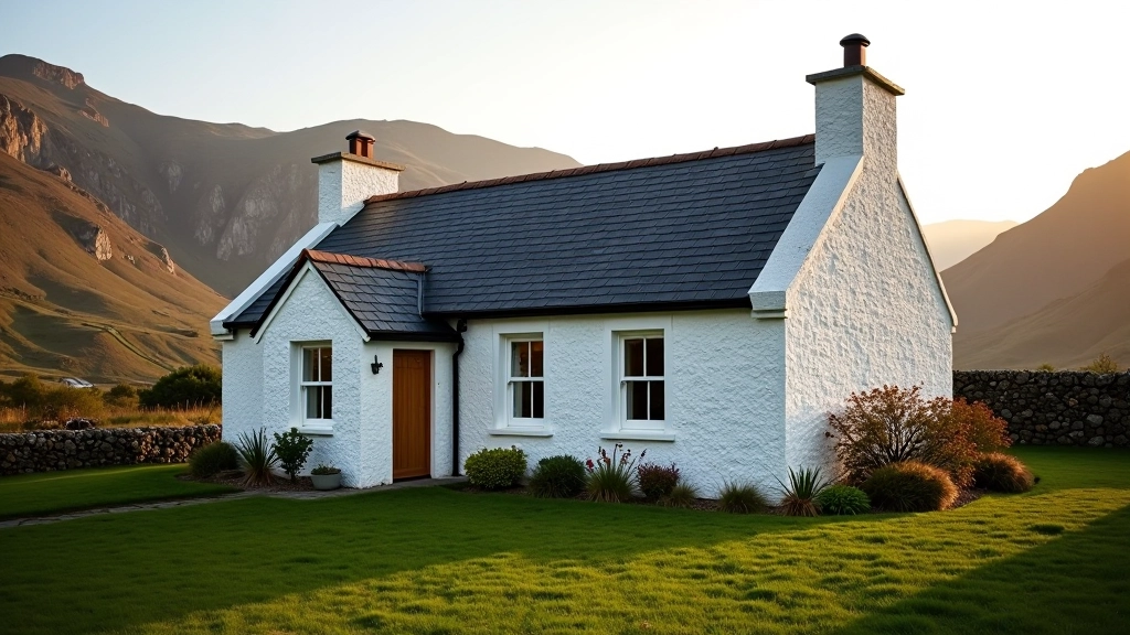 Traditional stone cottage with white-painted walls nestled in valley with mountains behind