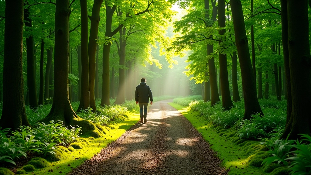 Forest walking trail through dense green trees and woodland